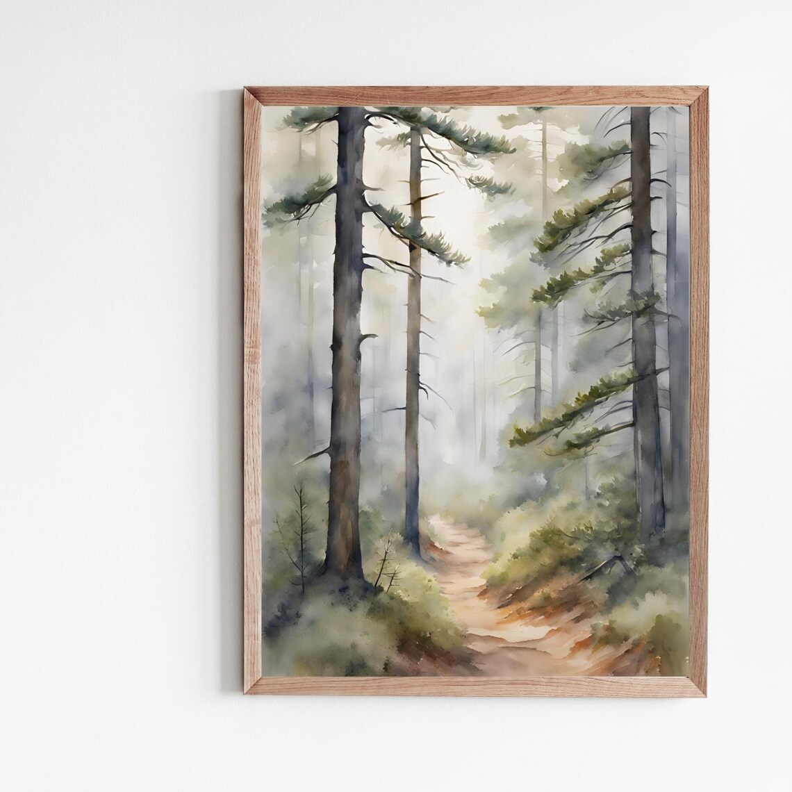 Forest Path Watercolor Art Print, Rustic Evergreen Trees