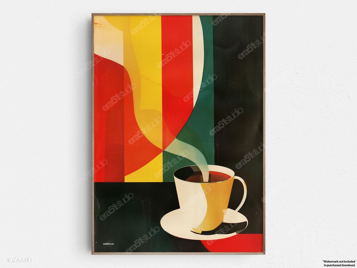 Abstract Coffee Cup Steam Bold Colorful Midcentury Art Poster