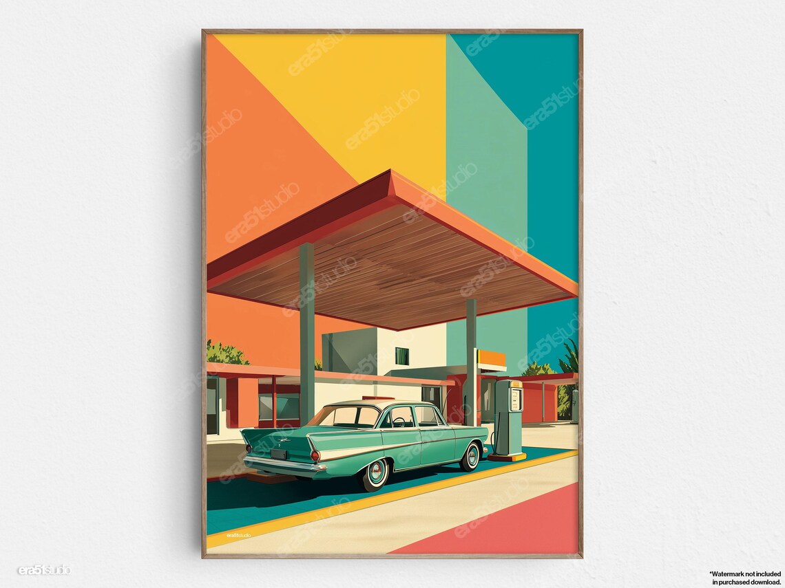 Midcentury Gas Station Geometry, Minimalist Art Print