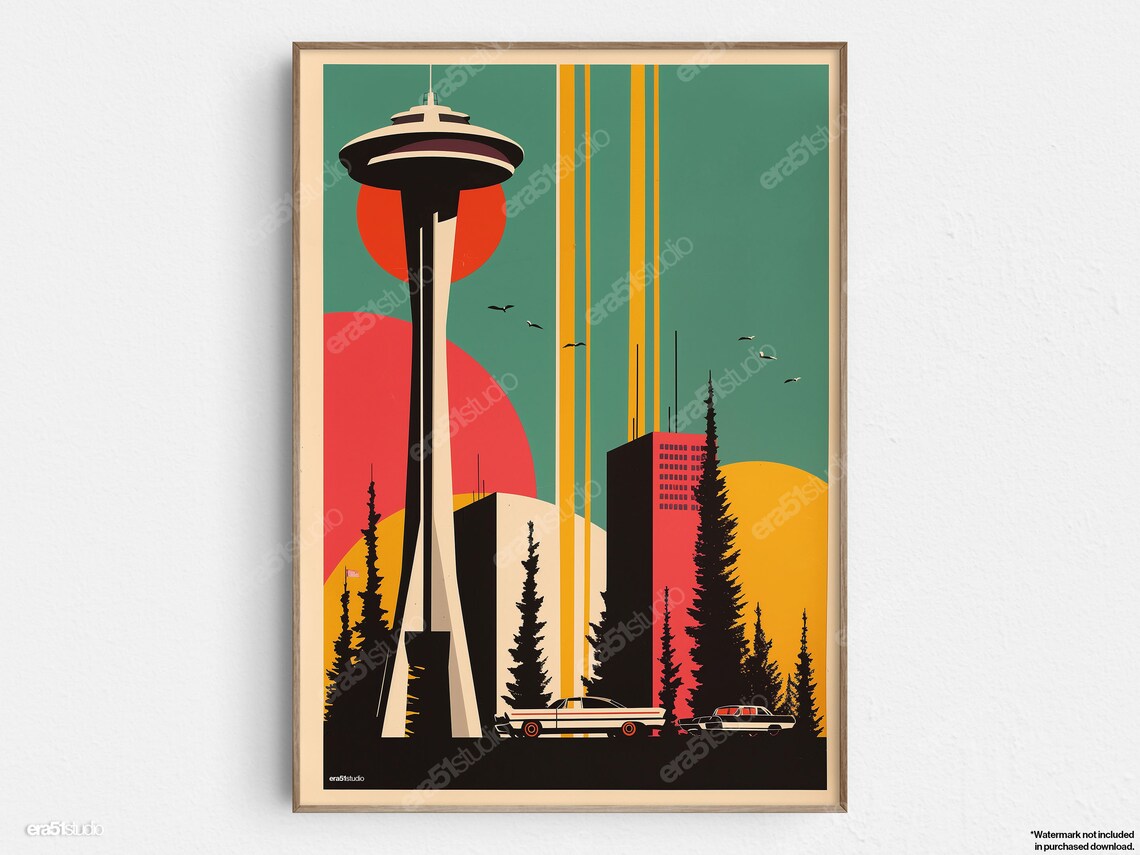 Seattle Space Needle Sunset, Mid-Century Modern Art Print