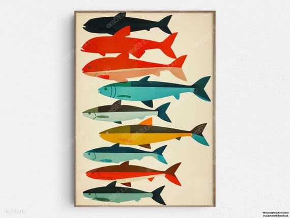 Colorful Fish Silhouettes Mid-Century Modern Art Print