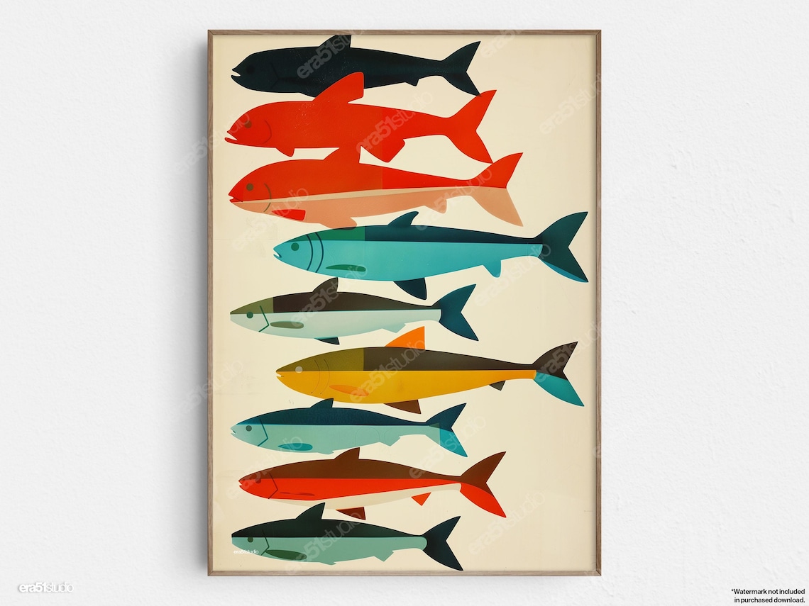Colorful Fish Silhouettes Mid-Century Modern Art Print