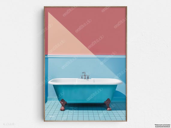 Vibrant Bath Scene Original Midcentury Modern Minimalist Wall Art