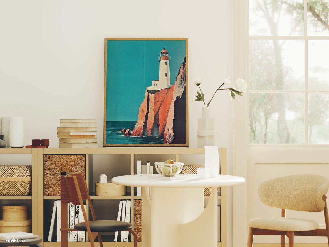 Lighthouse On Cliffs Edge Original Mid Century Modern Minimalist Wall Art - Image 2