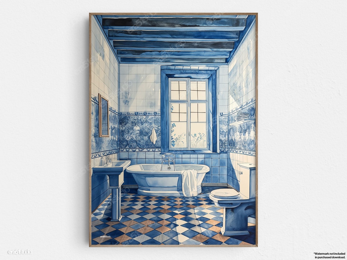 Elegant Delft Blue Bathroom Original Midcentury Modern Minimalist Wall Art
