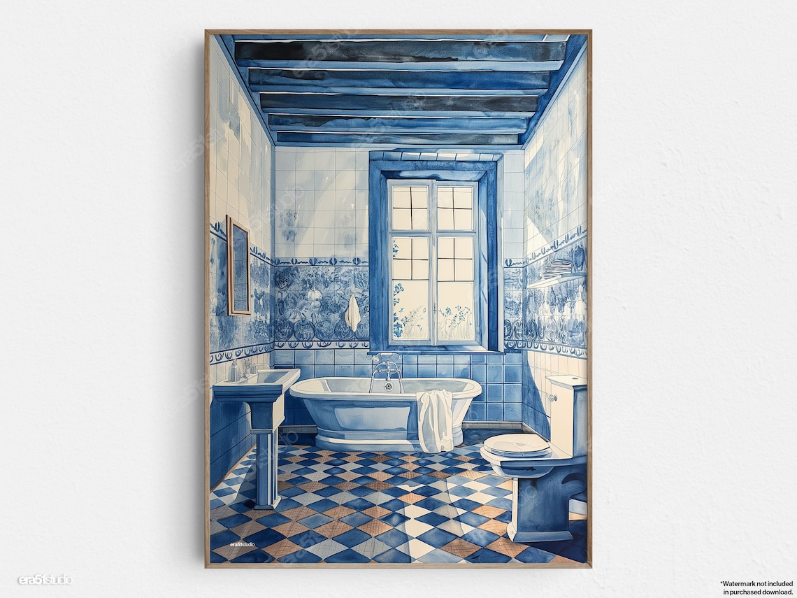 Elegant Delft Blue Bathroom Porcelain Tile Clawfoot Tub Art Poster