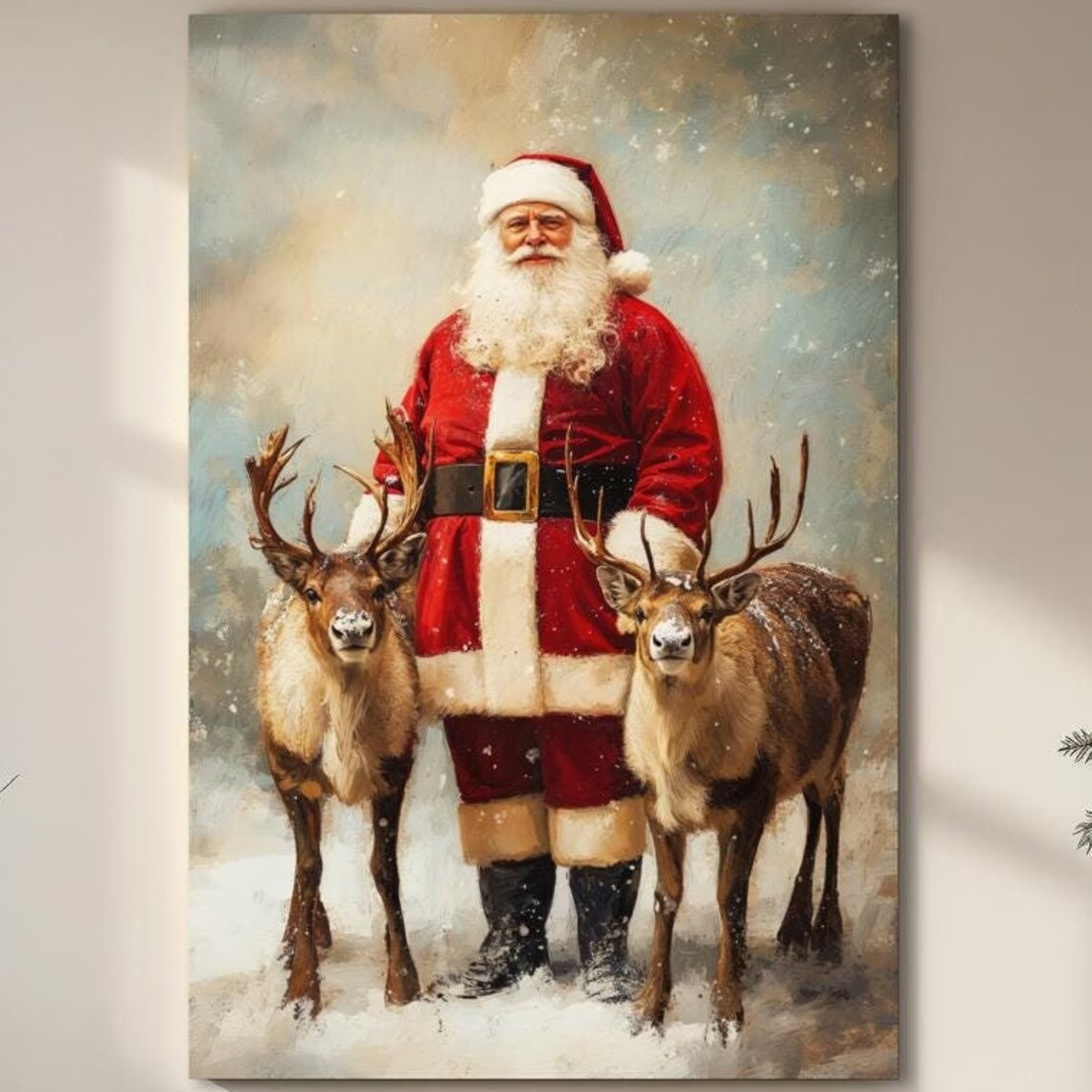 Santa Claus with Two Reindeer Standing in Snow Christmas Poster