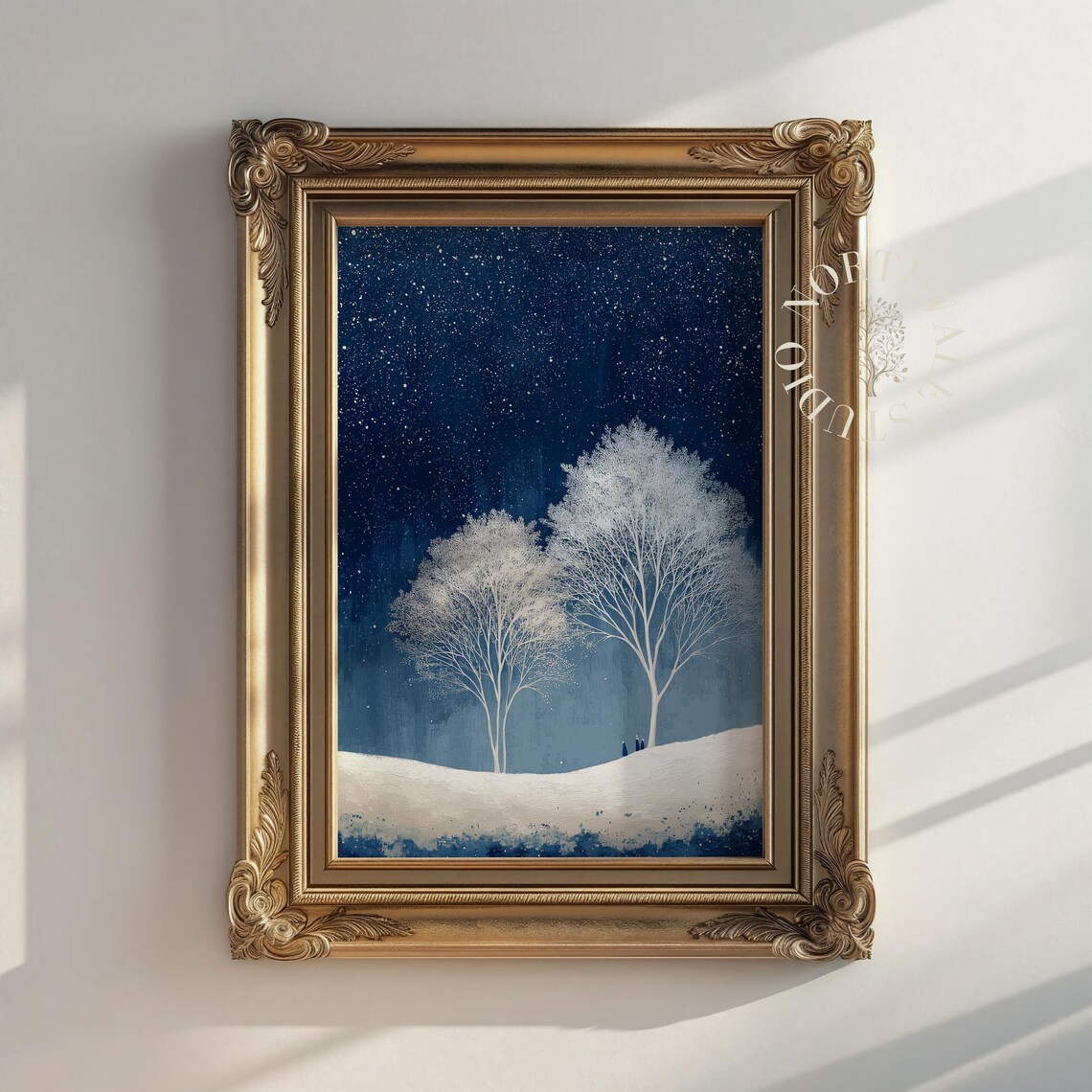 Minimalist Winter Landscape Art Snowy Trees On Dark Blue Rustic Wall Decor Elegant Minimal Nature 96