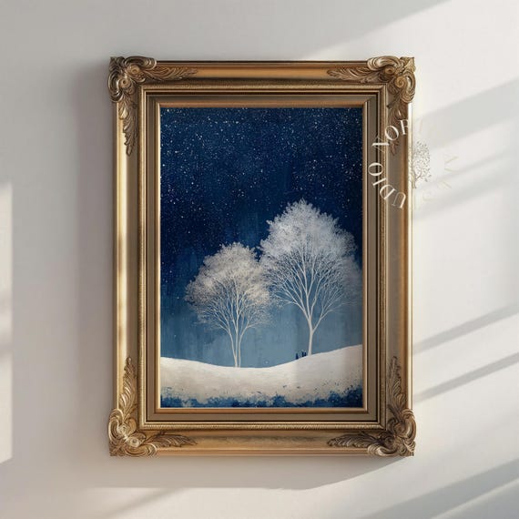 Minimalist Winter Landscape Art Snowy Trees On Dark Blue Rustic Wall Decor Elegant Minimal Nature 96