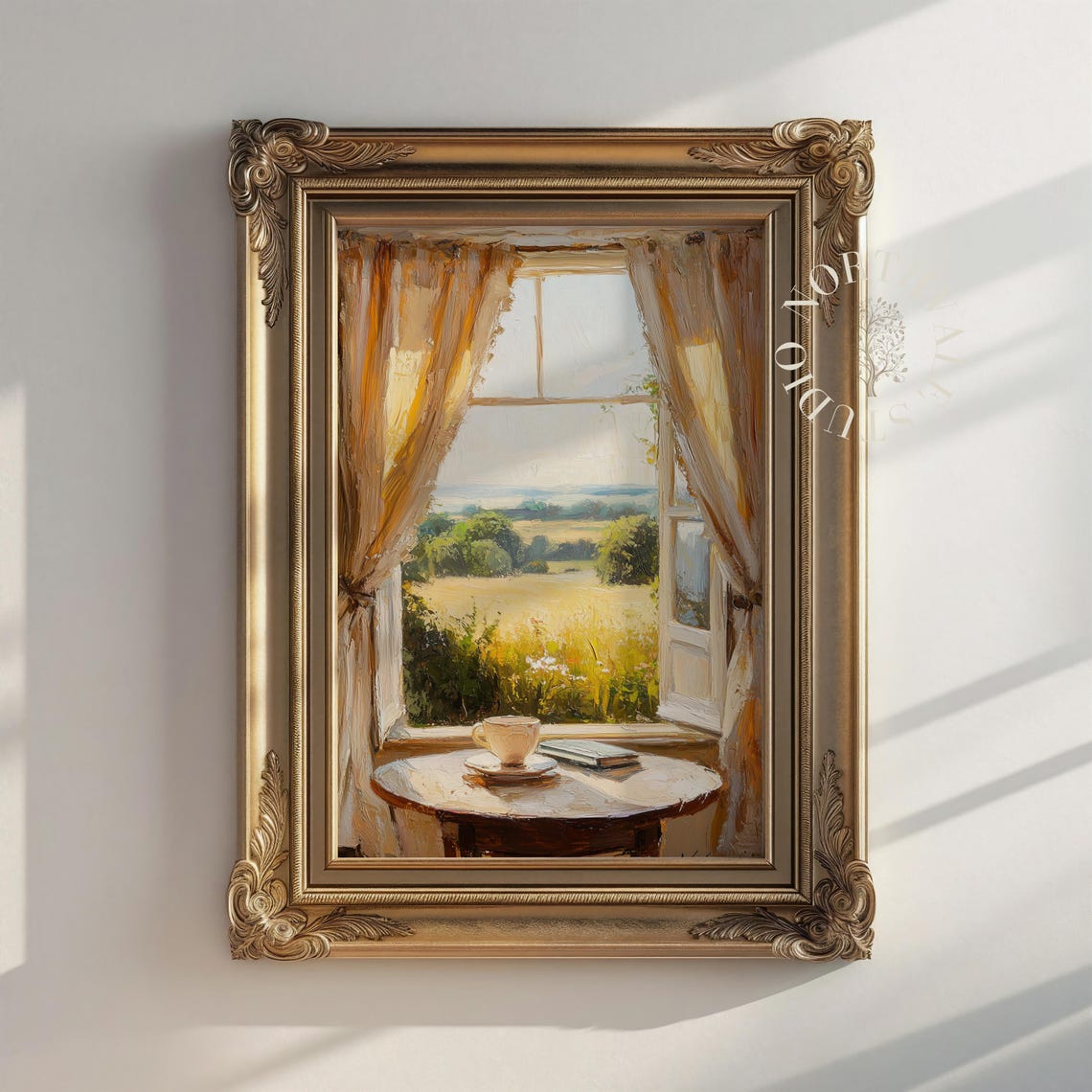 Summer Meadow View Open Window Tea Cup Golden Oil Painting Poster