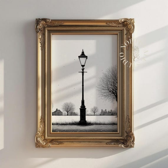 Winter Lamppost Wall Art Vintage Ink Drawing Rustic Scene Solitary Lamp Elegant Home Decor Print 144