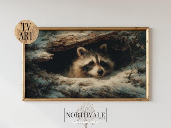 Rustic Winter Raccoon Art Snowy Hollow Painting Samsung Frame Tv Wildlife For Decor 114