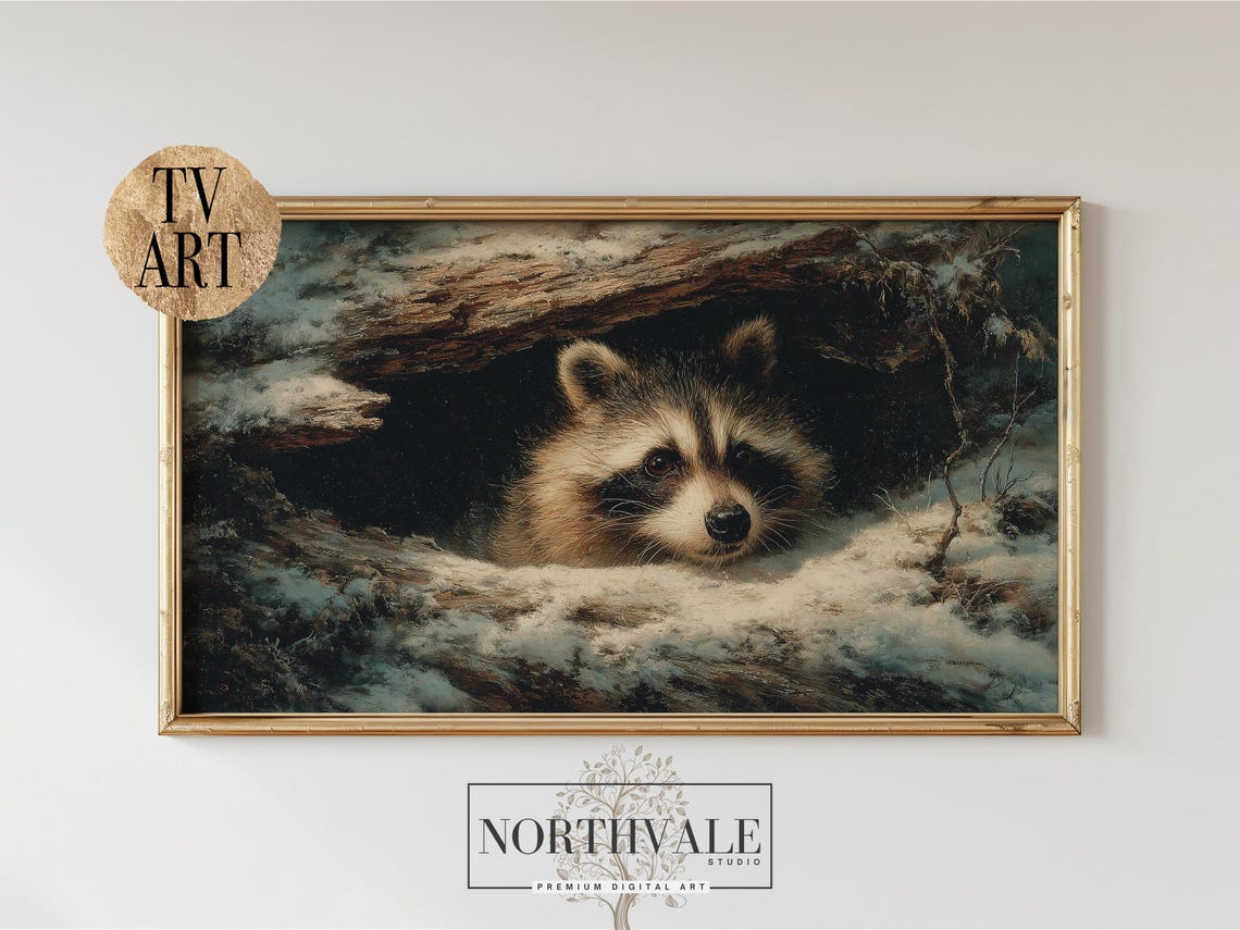 Rustic Winter Raccoon Snowy Hollow Log Vintage Wildlife Poster