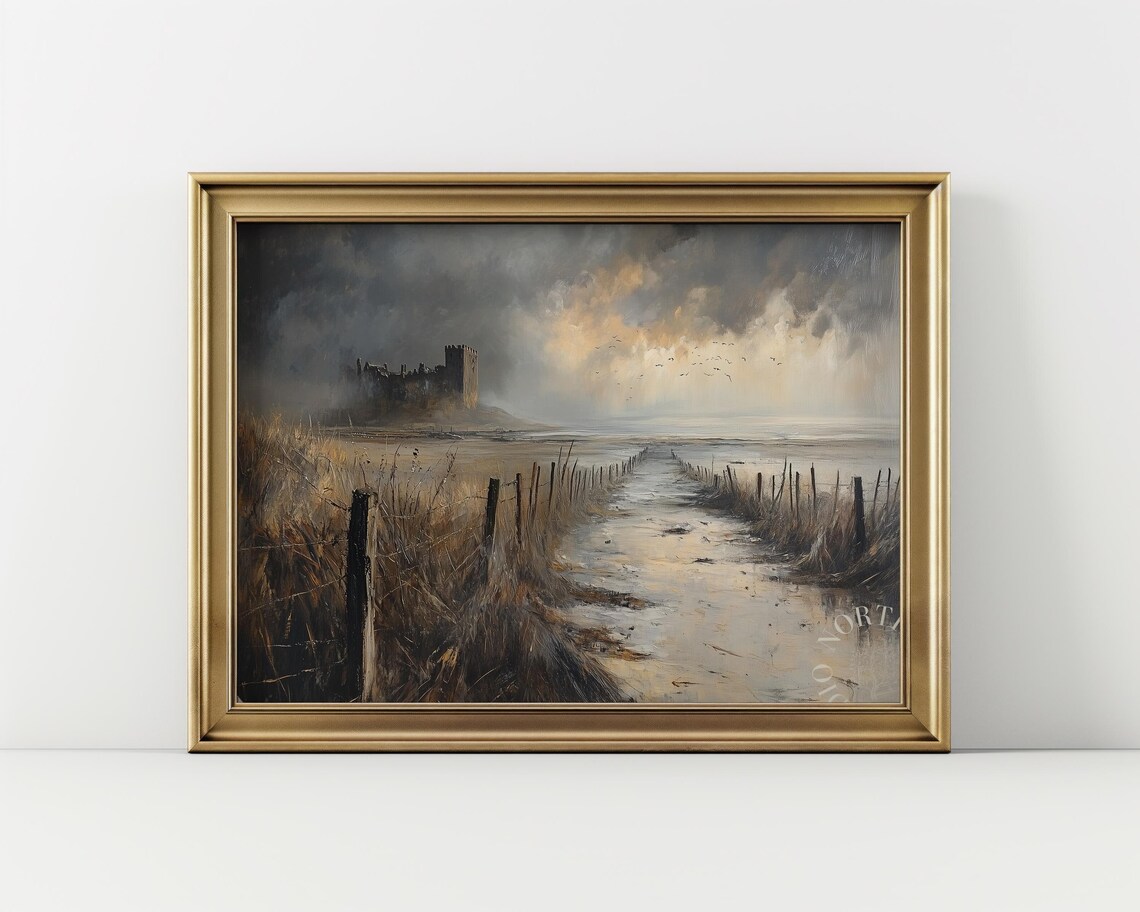 Moody Coastal Landscape, Vintage Oil Painting Style