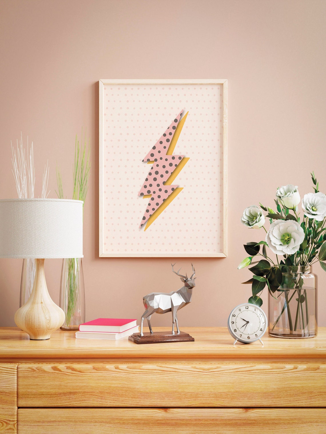 Pink Polka Dot Lightning Bolt Modern Minimalist Decor Wall Art - Image 3
