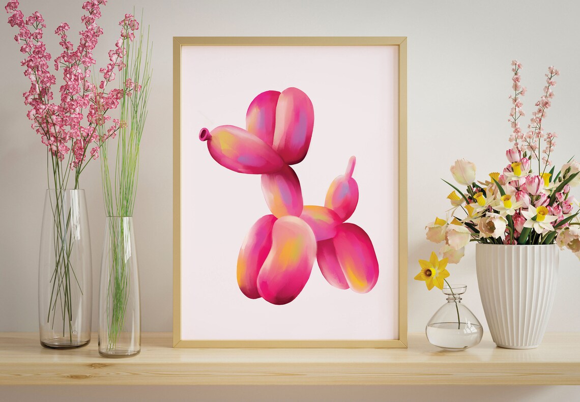 Retro Balloon Dog Print, Pink Bedroom Decor
