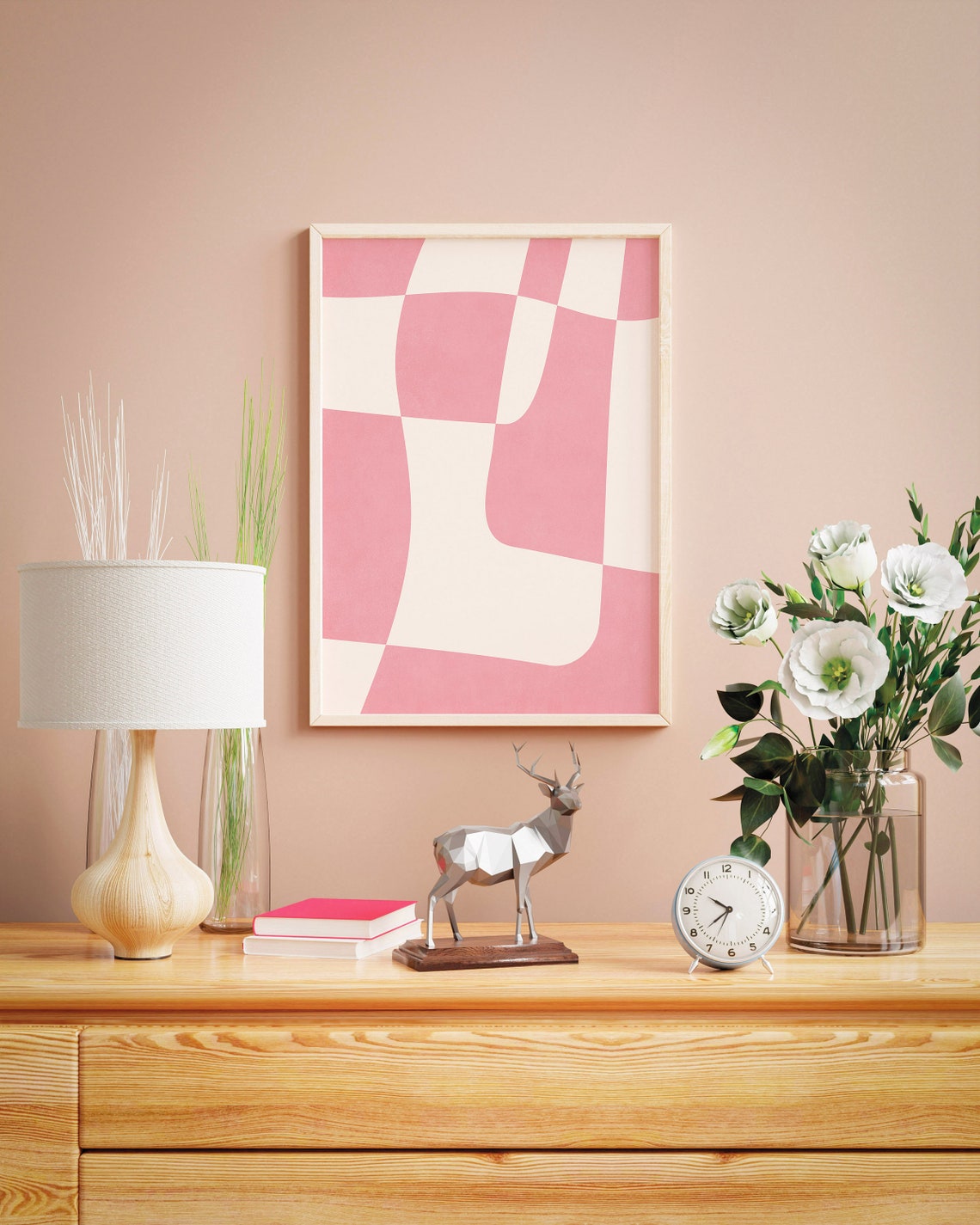 Pink White Wavy Checkerboard Modern Minimalist Abstract Print - Image 3