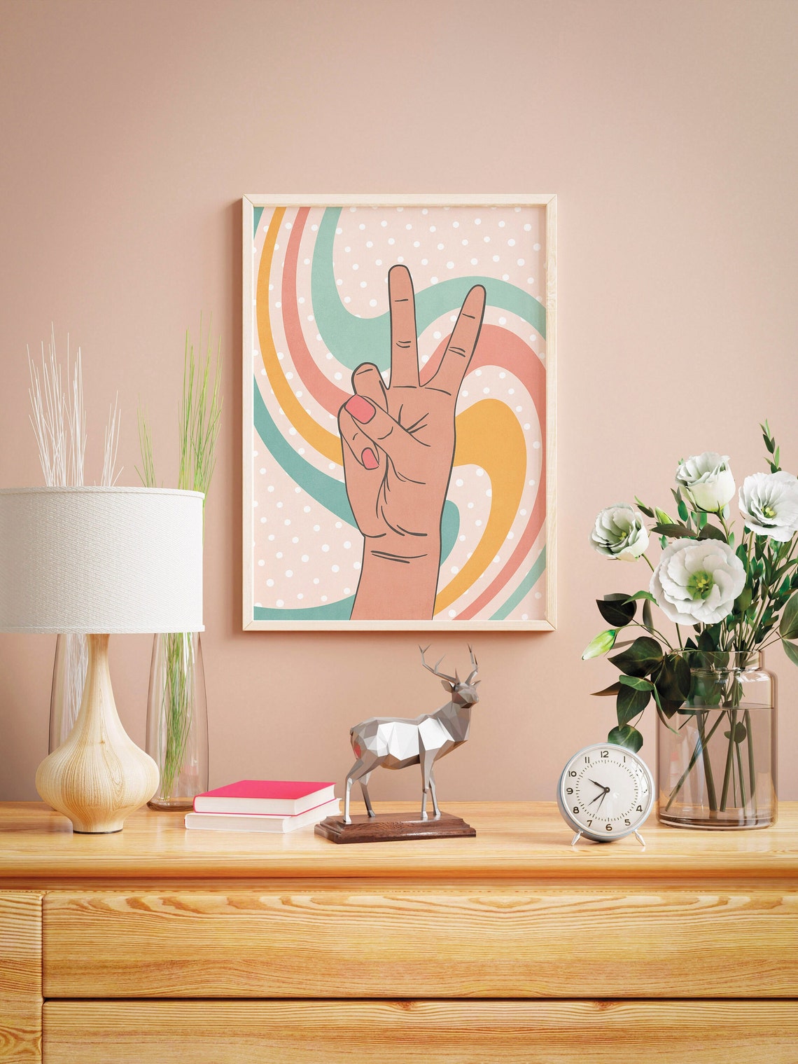 Retro Peace Sign Hand Over Pastel Rainbow Swirls 70s Hippie Poster - Image 2