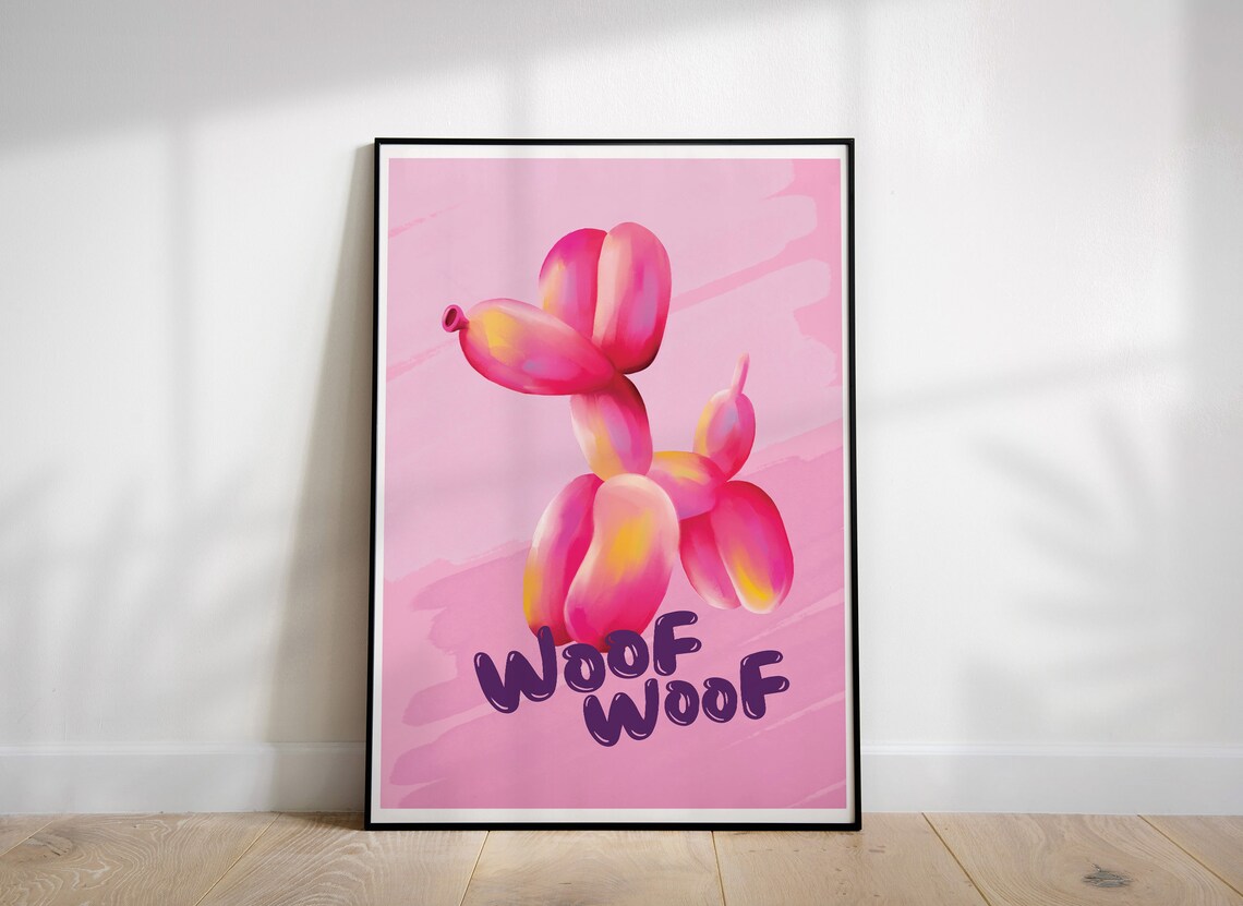 Pink Balloon Dog Woof Woof Poster Fun Kids Room Pop Art Decor - Image 2