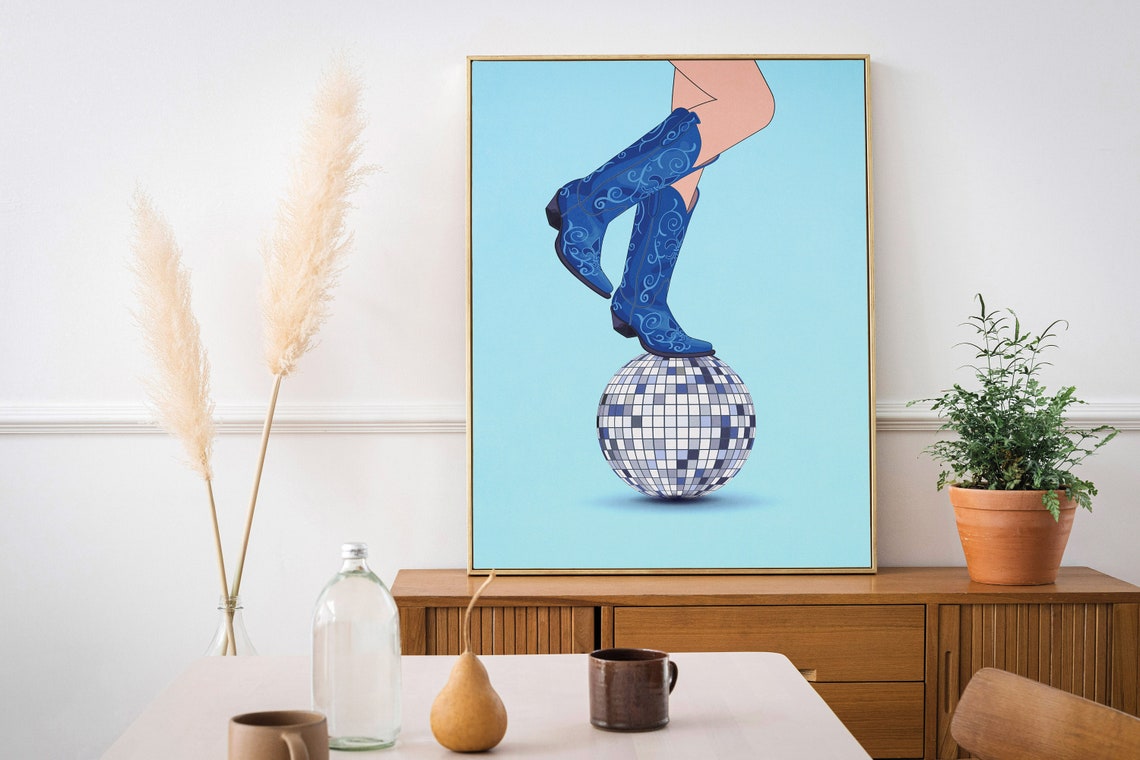 Blue Wall Art Dorm Room Decor For Girls Coastal Cowgirl Art Disco Ball Poster Disco Bachelorette Party Poster Maximalist Cowgirl Decor - Image 2