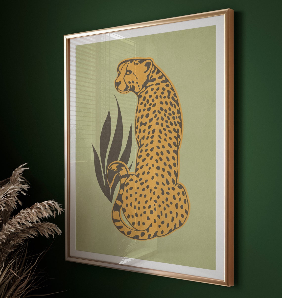Minimalist Seated Cheetah Illustration On Sage Green Wall Art - Image 2