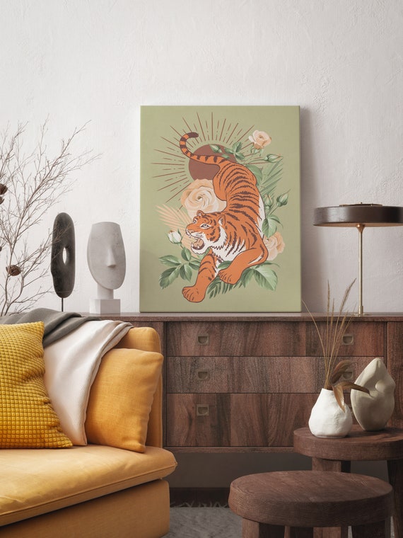 Sage Green Tiger Wall Art Aesthetic Room Decor Boho Trendy Wall Art Print Bohemian Tropical Wall Art Modern Room Decor