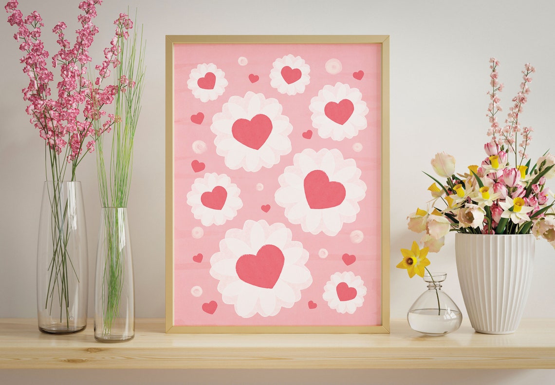 Pink Daisy Heart Flowers Valentine Love Romantic Decor Art Print - Image 2
