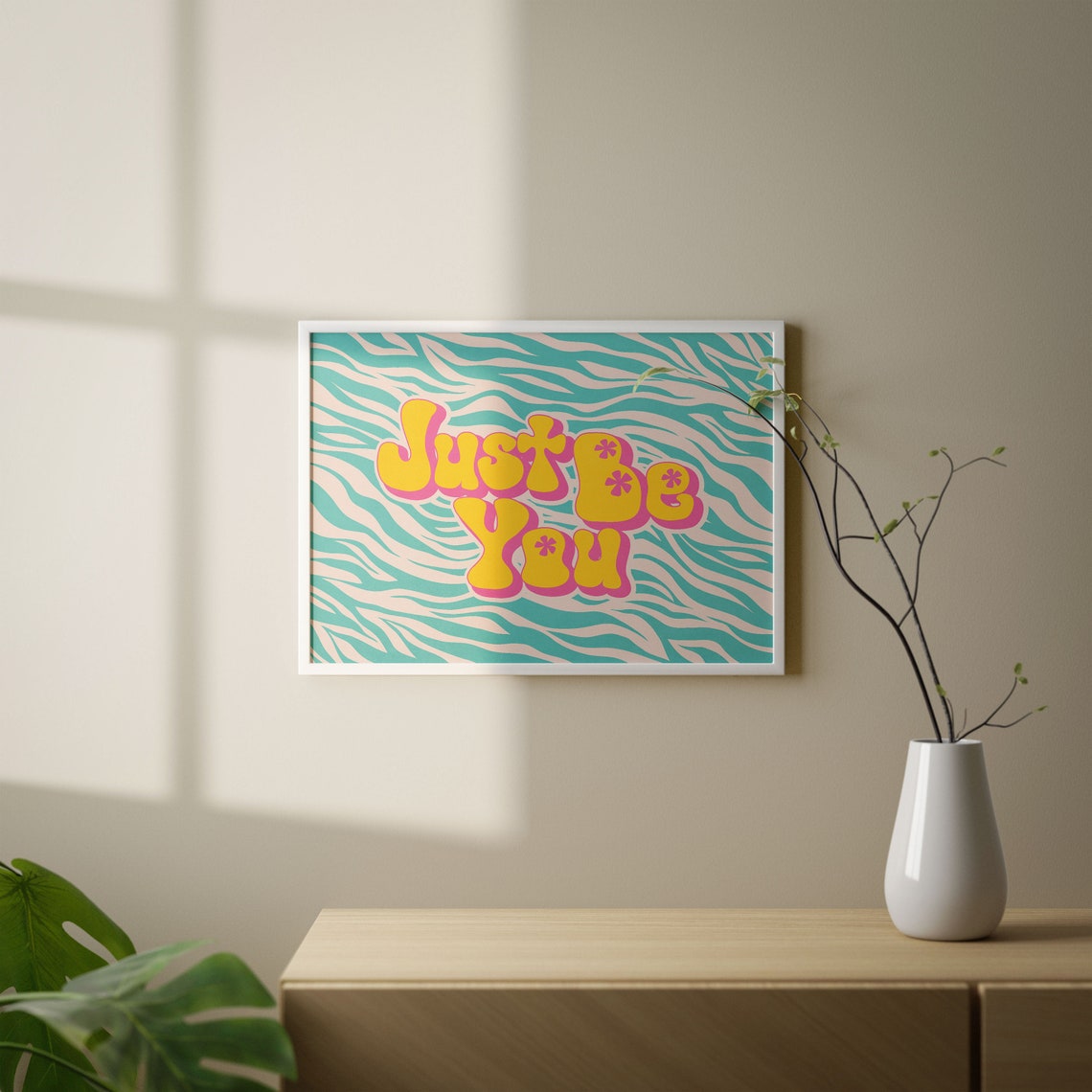 Just Be You Horizontal Retro Quote Poster on Teal Zebra Stripes - Image 2