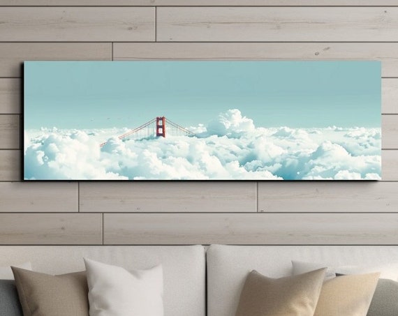 Panoramic Golden Gate Bridge Above The Clouds Ready To Hang Wall Art California Golden Gate Bridge Wall Art Panoramic Art