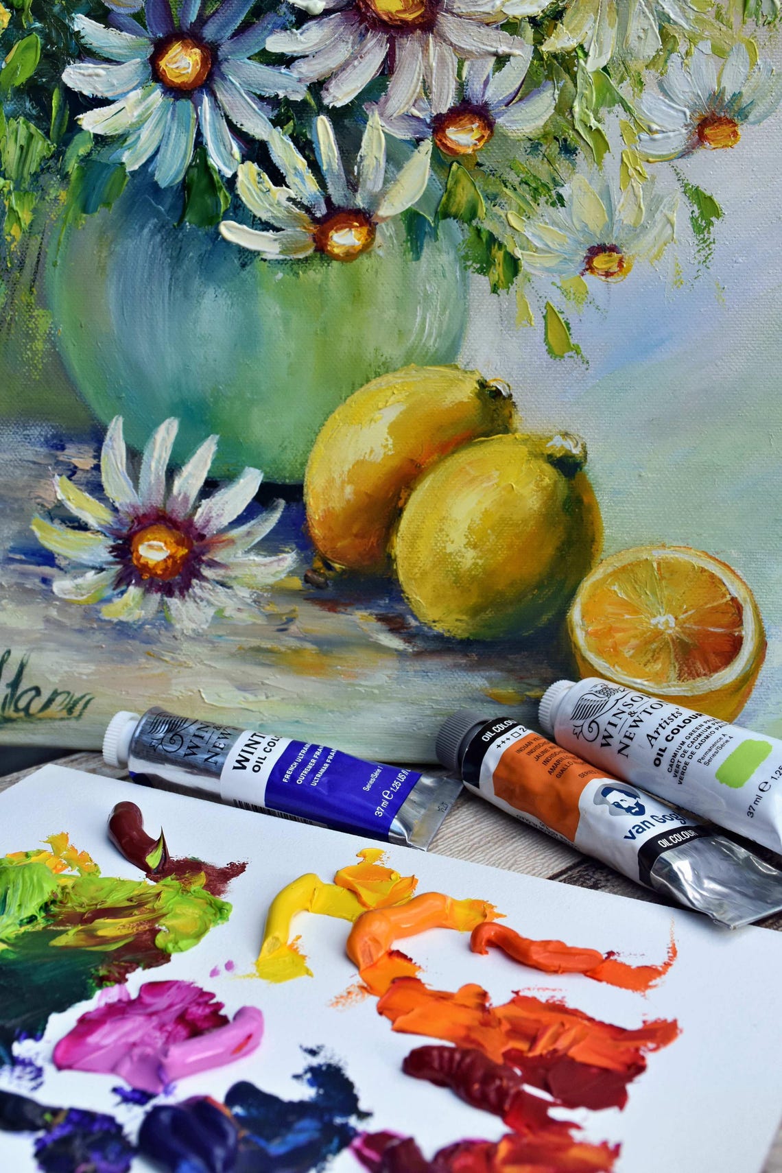 Lemon Painting Field Daisies Art Kitchen Art Food Fruits Wall Art Fruit Painting Daisies Still Life Art Food Art Kitchen Painting Impasto - Image 3