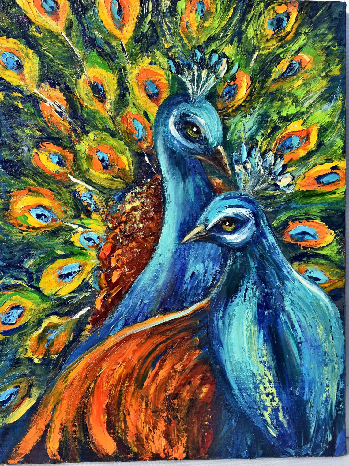 Vibrant Peacock Pair Feather Display Impasto Oil Painting Bird Poster