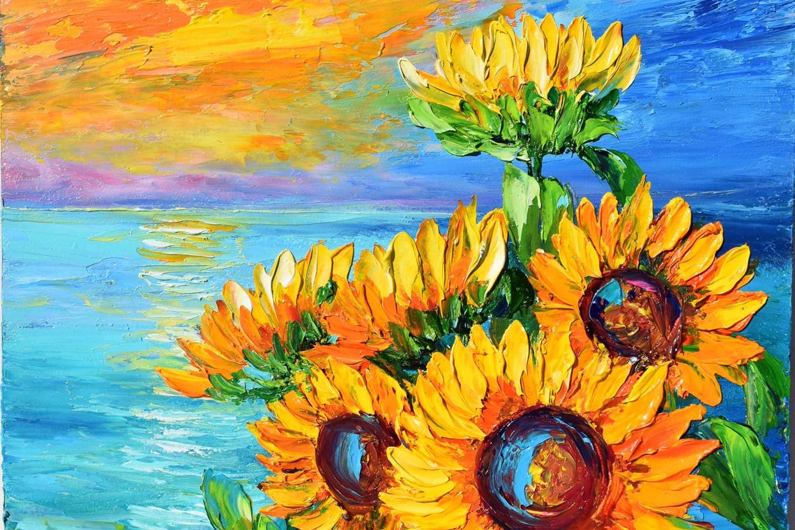 Sunflowers Overlooking Sea Sunset Waves Evening Coastal Art Poster - Image 5