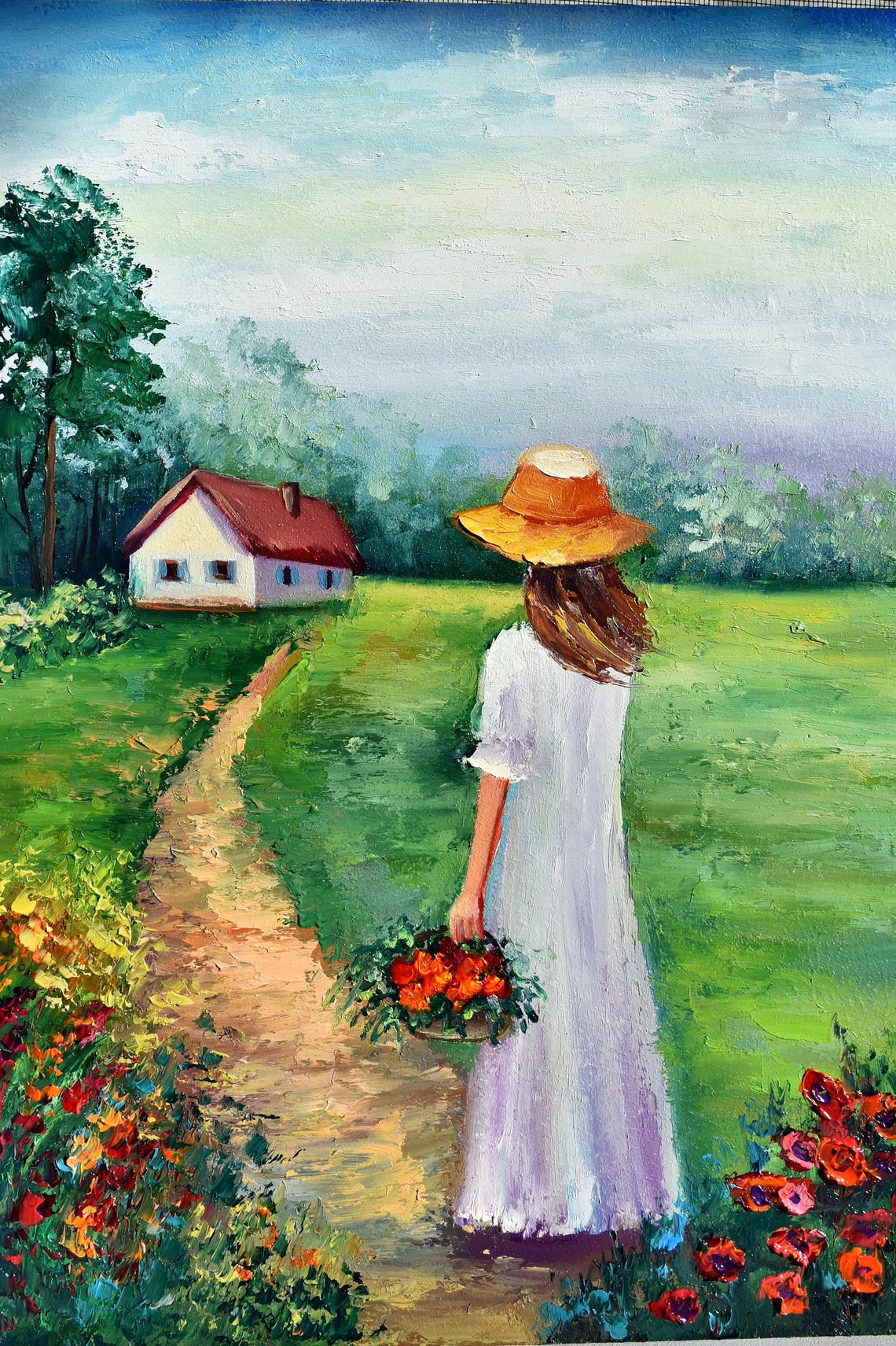 Girl With Flowers Art Landscape Painting Girl In Hat Painting Flower Art Girl Landscape Art Rural Landscape Art Farmhouse Art Flower Meadow