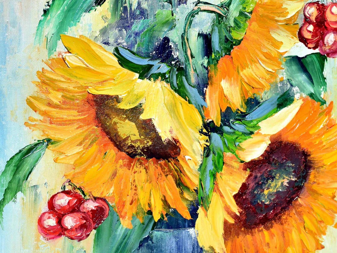 Orange Flowers Sunflower Interior Palette Knife Art Sunflower Wall Art Yellow Sunflower Art Yellow Flower Art Oil Art Abstract Flower Art - Image 5