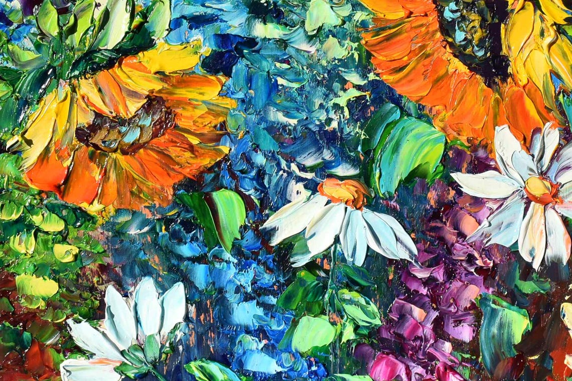 Sunflower Painting Landscape Painting Blue Flowers Art Sunflower Art Purple Wildflowers Art Meadow Flowers Art Flower Oil Painting Textured - Image 4