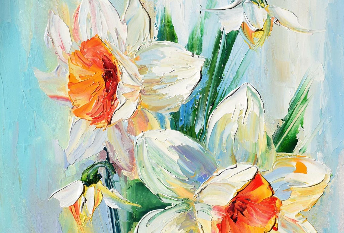 Daffodils Painting Landscape Painting Wildflowers Painting Spring Flowers Painting Impasto Oil Painting Palette Knife Art Floral Artwork Oil - Image 4