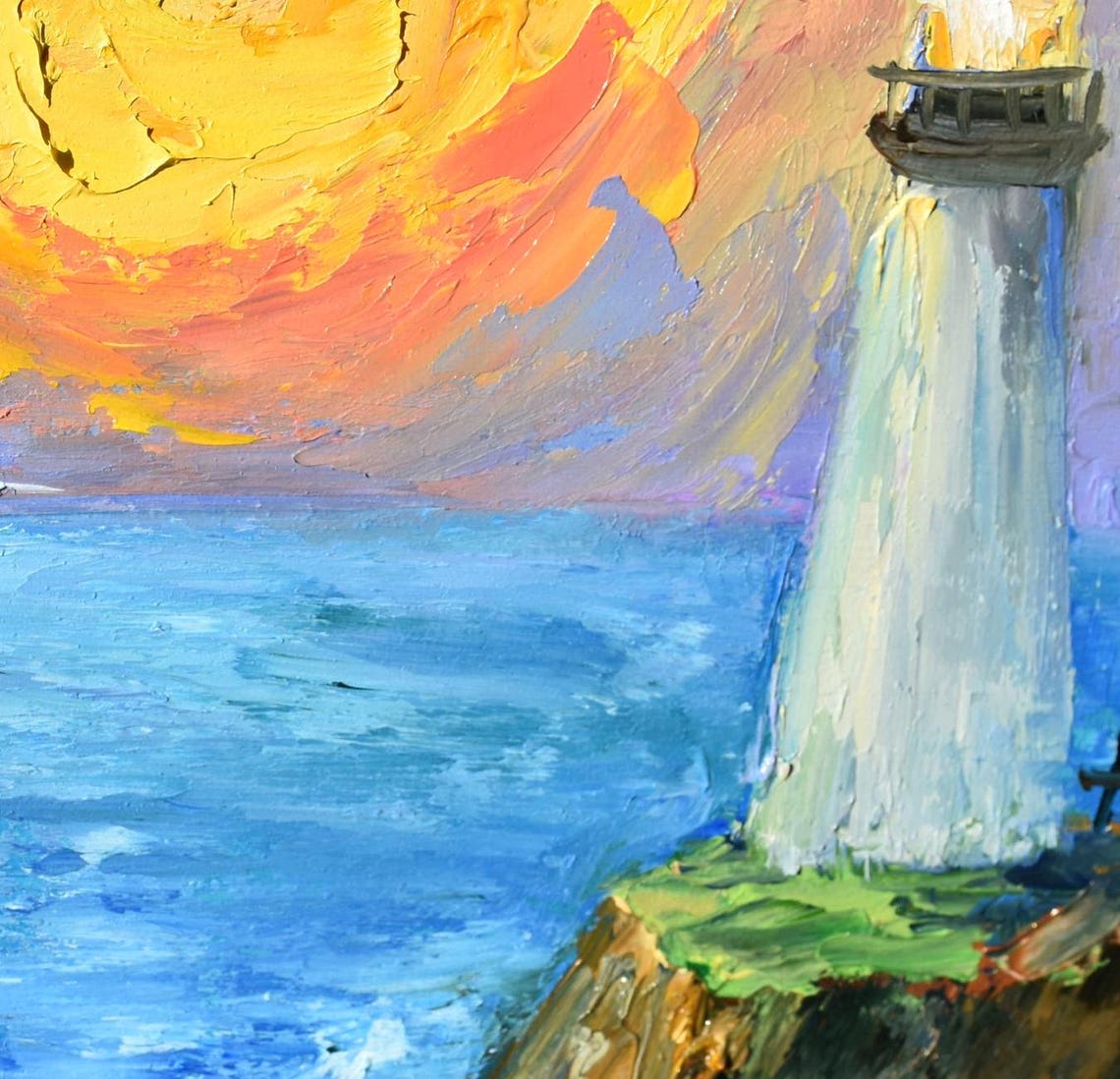 Lighthouse Rocky Cliff Swirling Sunset Sea Waves Painting Poster - Image 5
