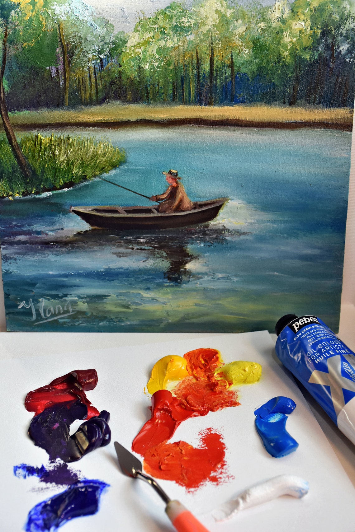Fisherman Painting Landscape Painting Lake Painting Boat On The Lake Art Fisherman Art Lake Fish Pike Wall Art Summer Nature Landscape Art - Image 3