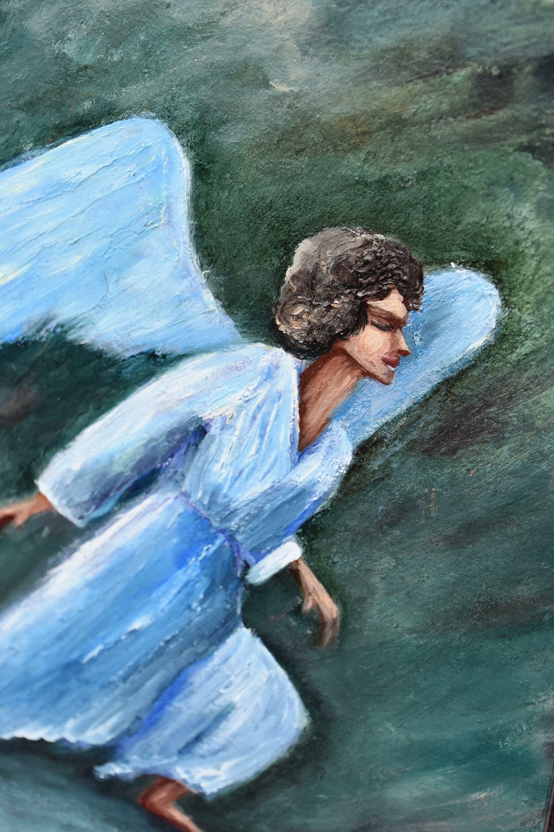 Blue Robed Angel White Wings Dark Green Religious Oil Wall Art - Image 4