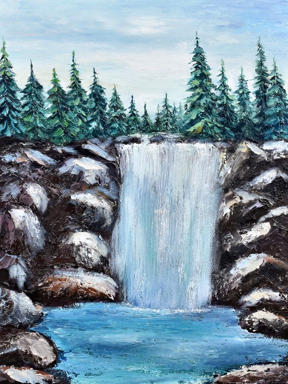 Waterfall In The Mountains Art Mountain Lake Art Mountain Landscape Textured Mountain Landscape Painting Impasto Painting Original Artwork