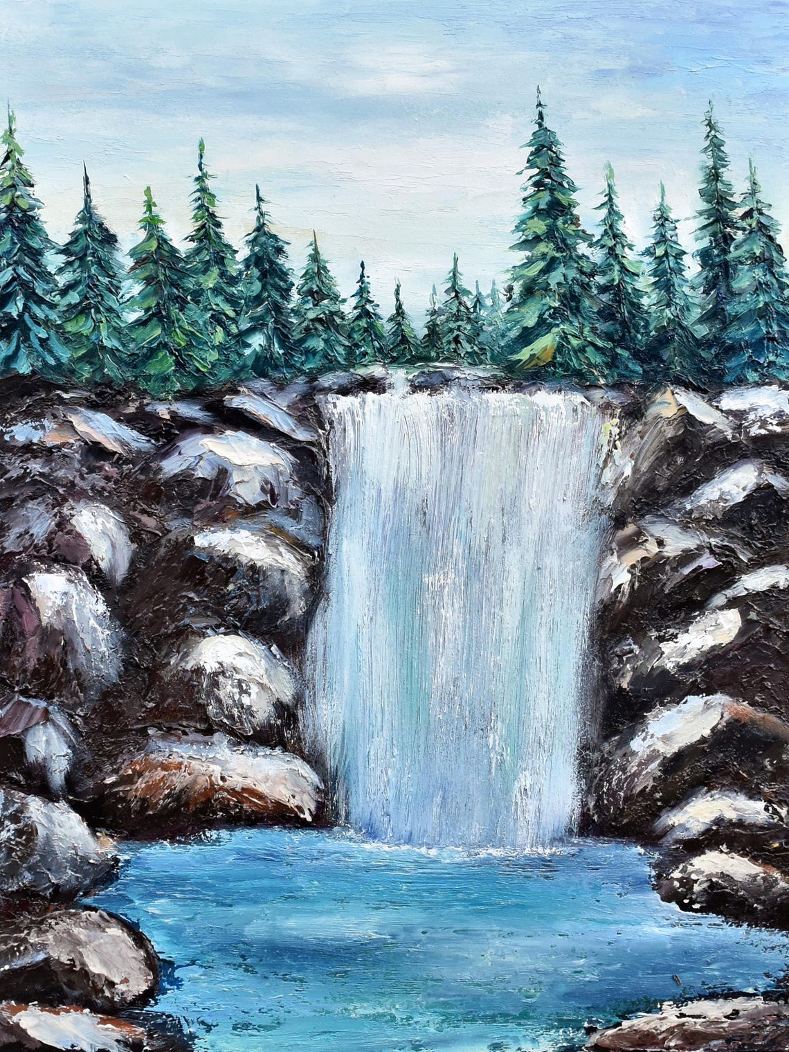Mountain Waterfall Turquoise Pool Evergreen Forest Landscape Poster