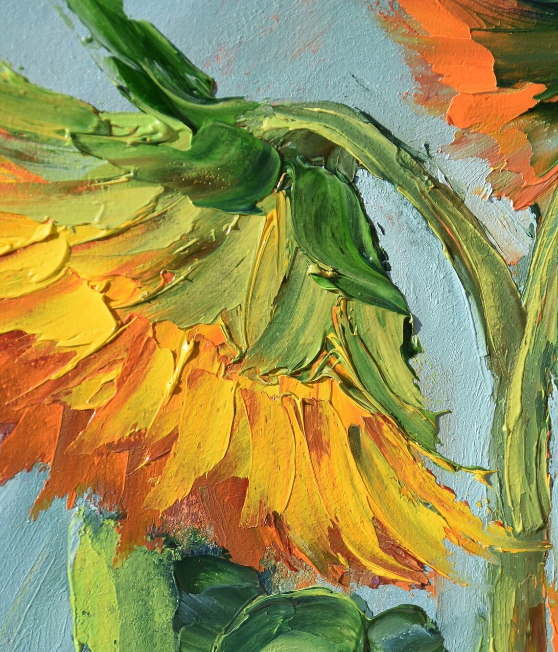 Golden Sunflower Trio Close Up Thick Impasto Oil Painting Poster - Image 4