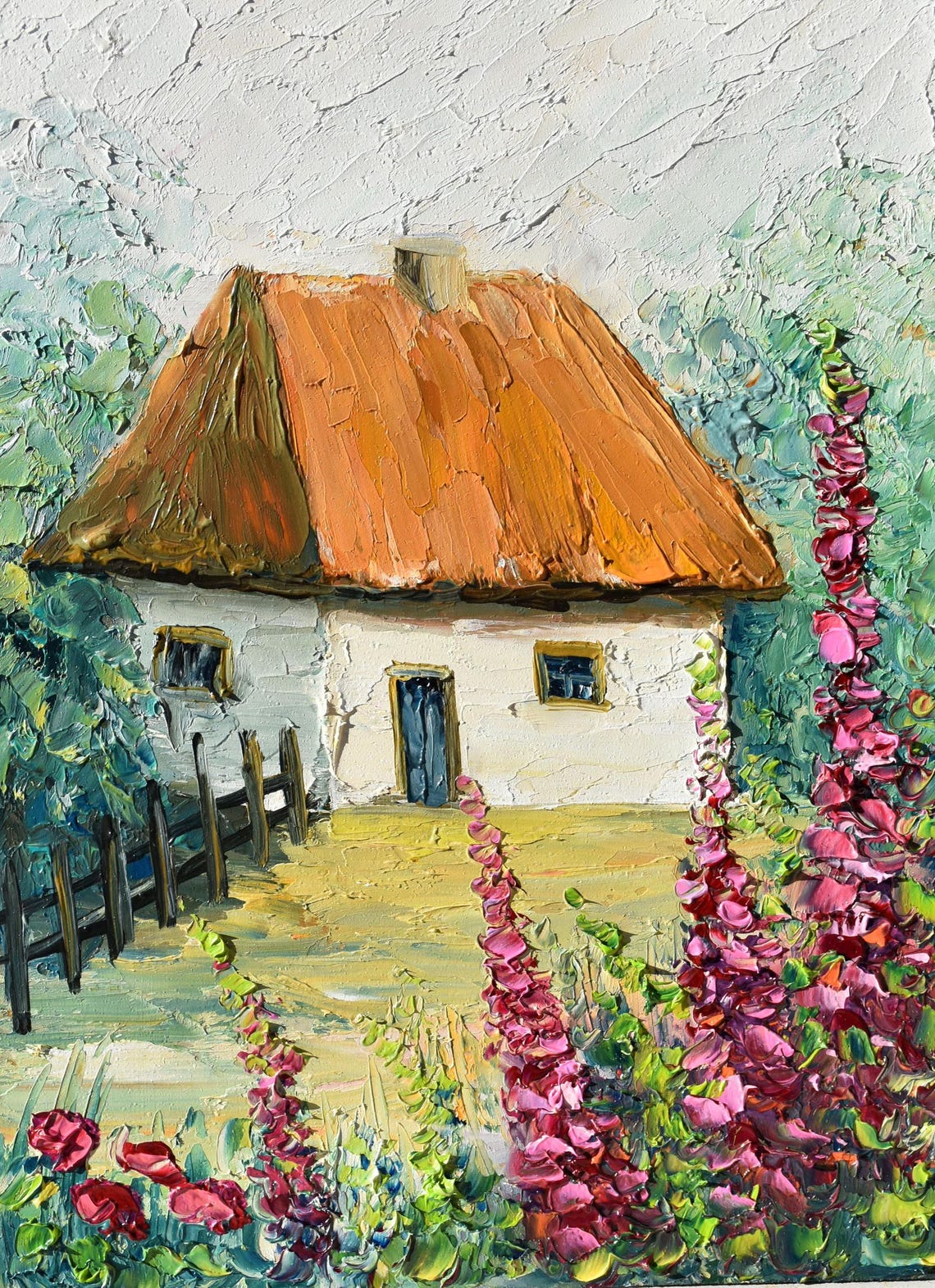 Ukrainian Art Ukrainian House Summer Landscape Art Impasto Flowers Wall Art Garden Flowers Art Ukrainian House Art Textured Painting Summer - Image 2
