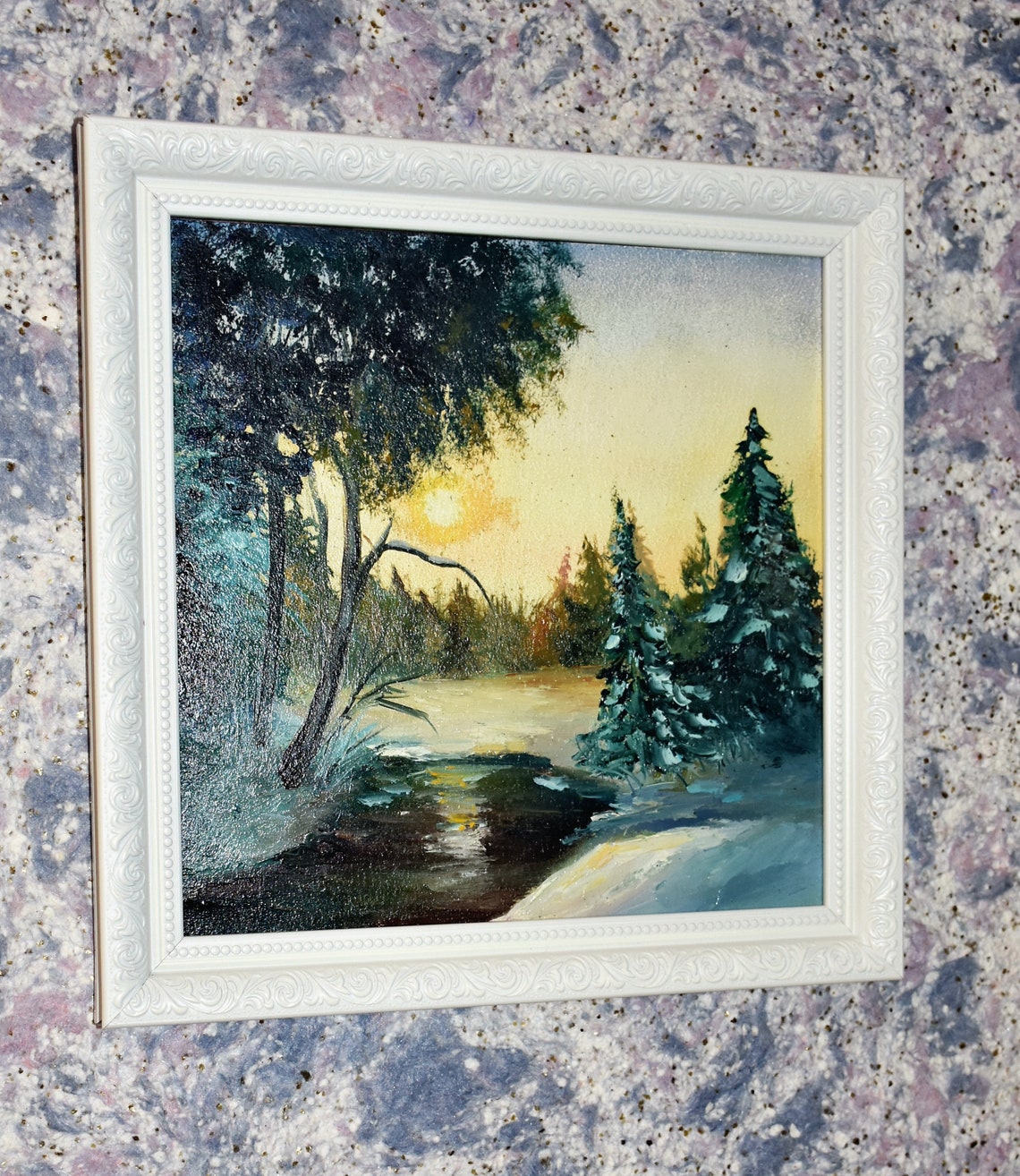 Winter Snow Pines Frozen River Sunset Glow Landscape Oil Wall Art - Image 3