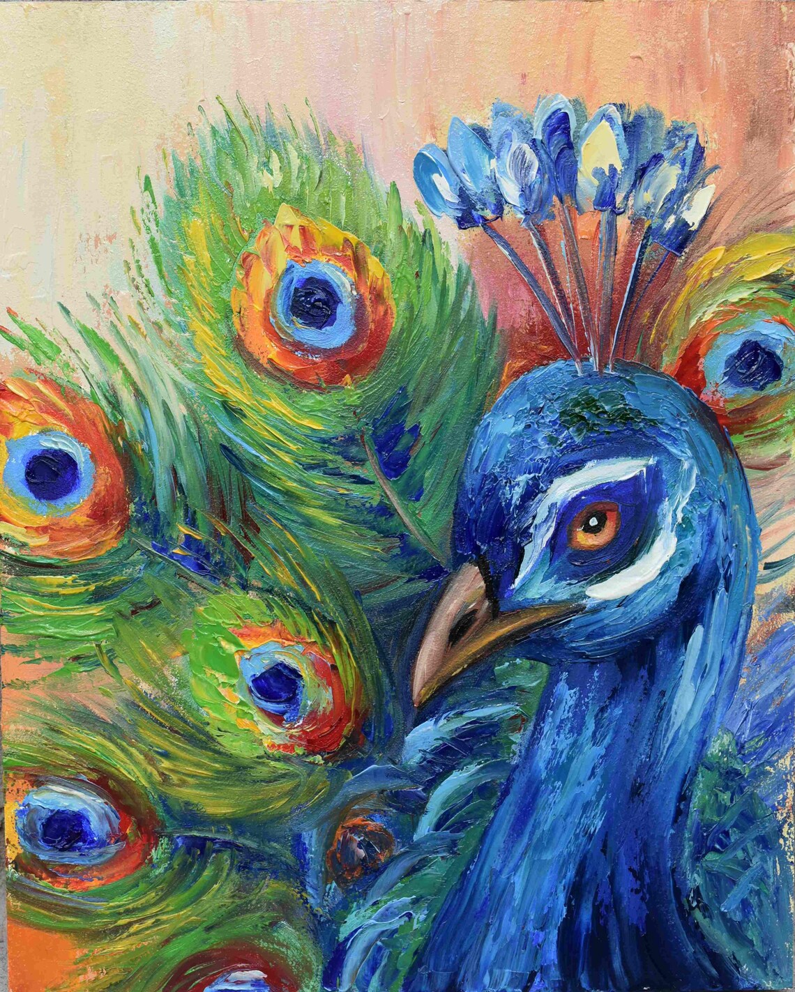 Peacock Painting Original Birds Peacock Art Peacock Bird Painting Blue Bird Artwork Animals Oil Painting Original Art Bird Painting Bird Lov