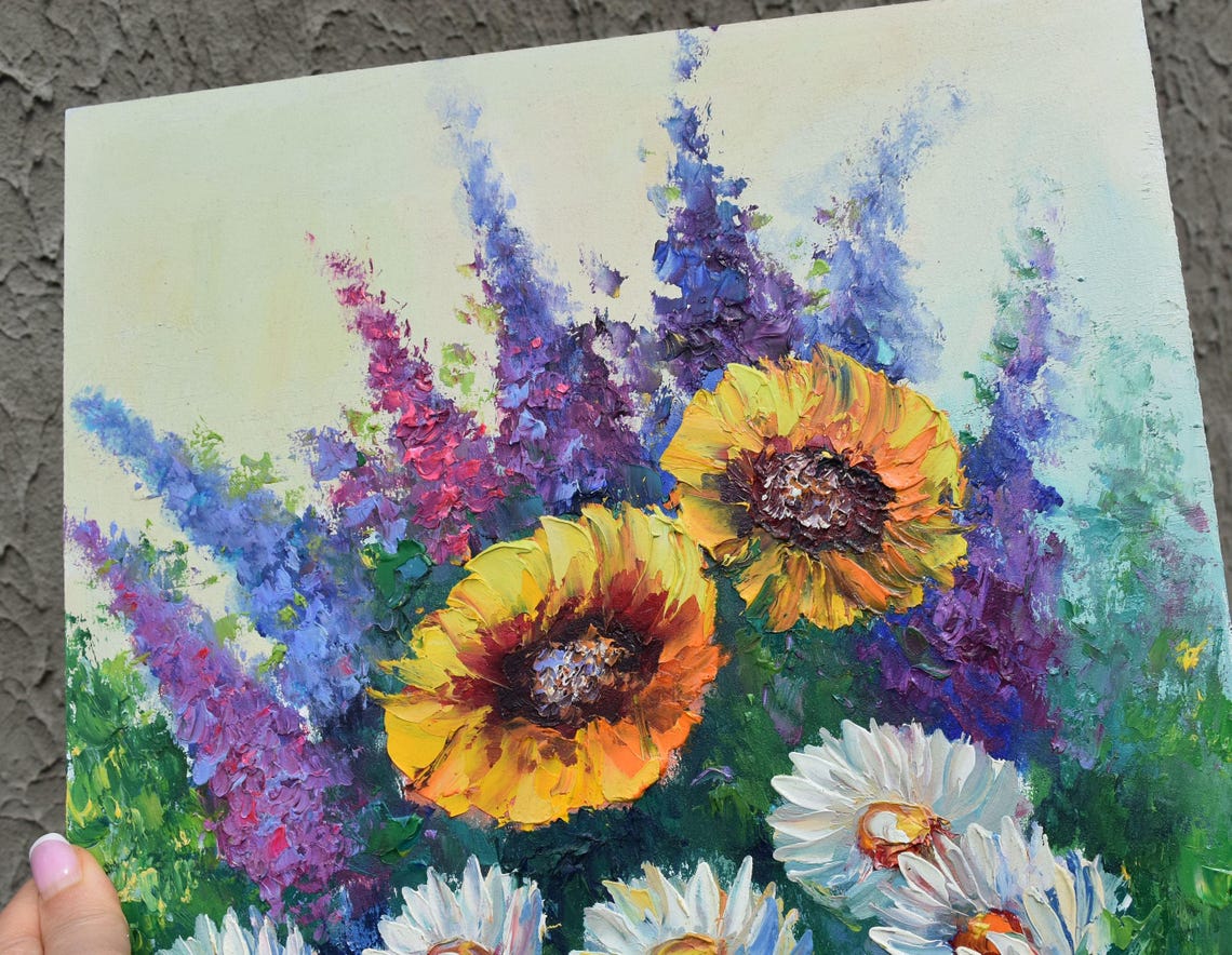 Painting Sunflowers Blue Flowers Art Sunflowers Flowers Palette Knife Art Daisies Painting Sunflowers Painting Meadow Flowers Flower Oil - Image 3