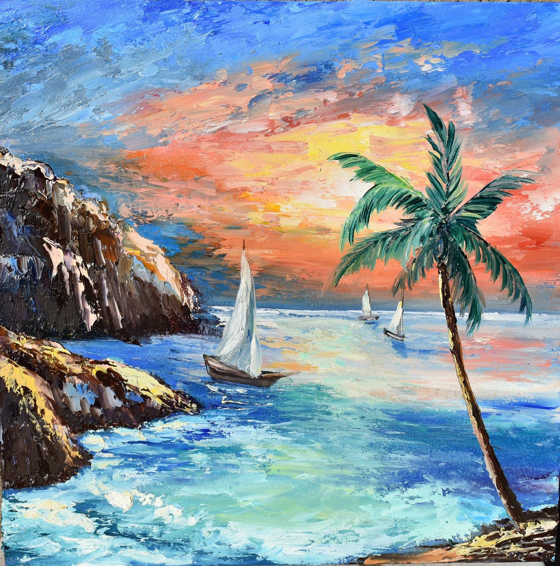 Mediterranean Art Sunset Painting Tropical Painting Mountain Landscape Colorful Sunset Sailboat Painting Beach Art Landscape Painting