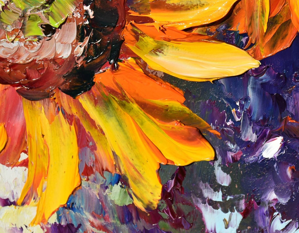 Sunflowers Painting Flowers Painting Sunflower Art Summer Landscape Art Yellow Flower Art Floral Oil Painting Palette Knife Art Floral Art - Image 4