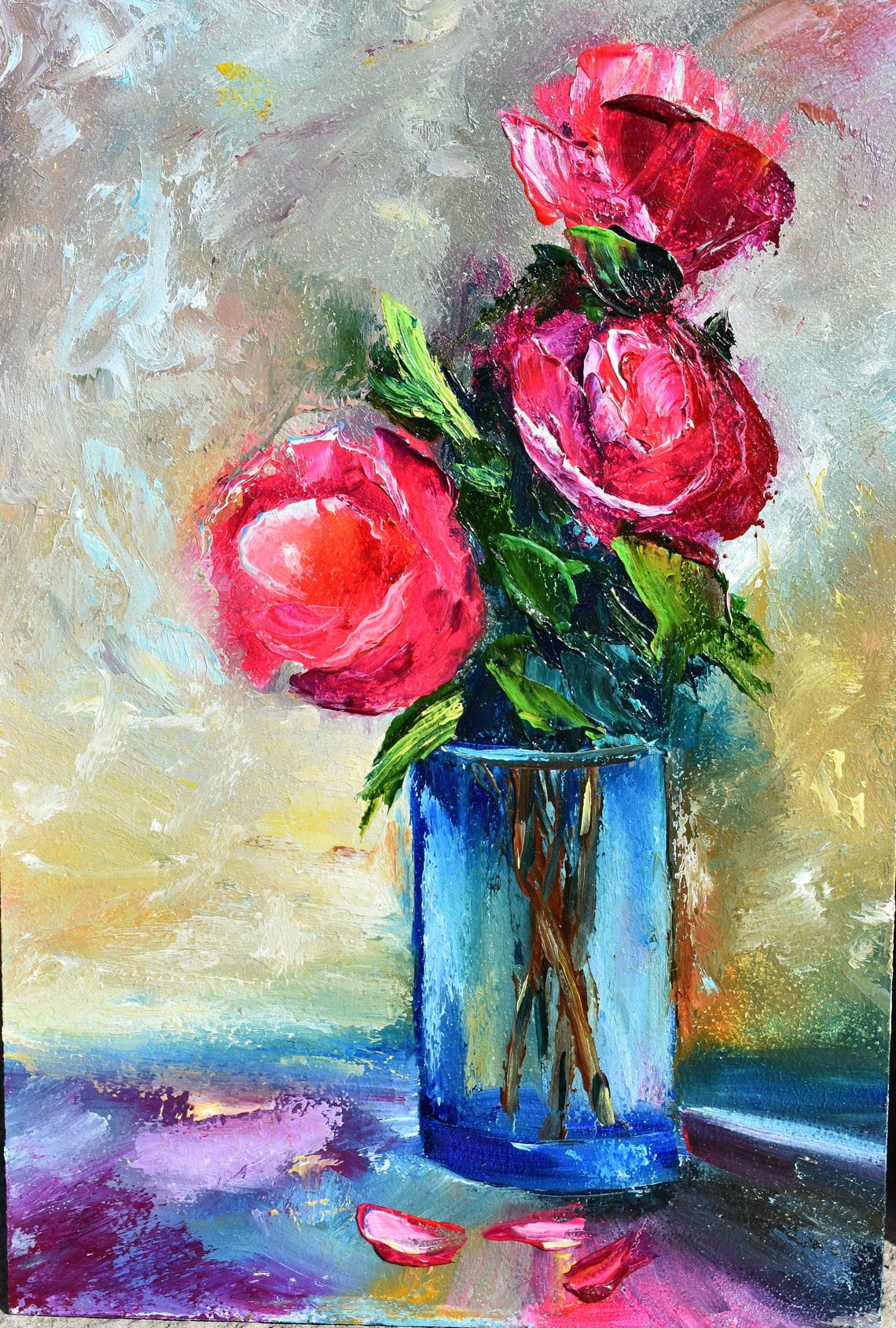 Pink Roses Blue Glass Vase Close Up Impasto Still Life Oil Poster - Image 5