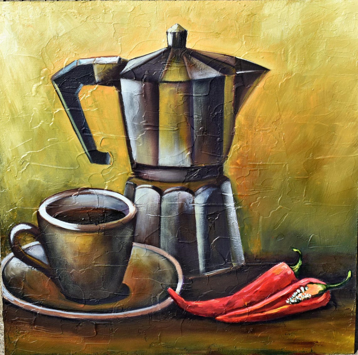 Moka Pot Coffee Cup Red Chili Peppers Impasto Still Life Poster
